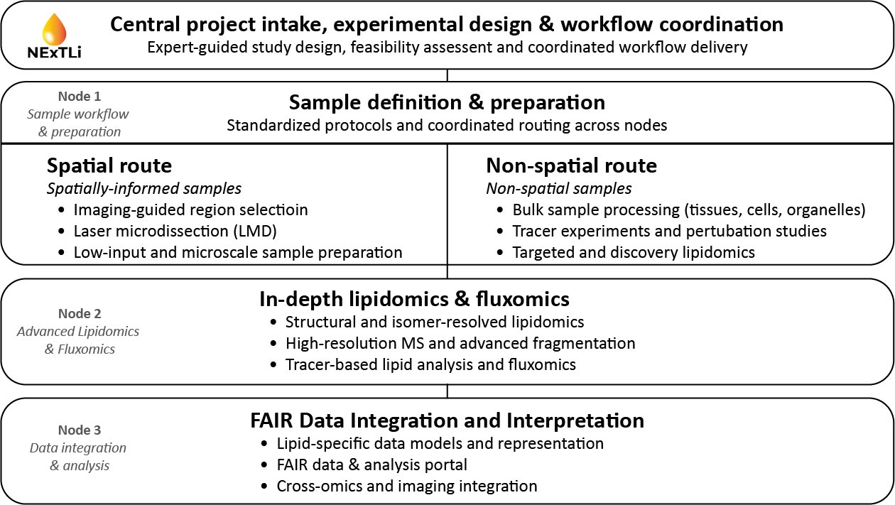 NExTLi three-node infrastructure workflow: central project intake and coordination feeding into Node 1 sample definition and preparation with spatial and non-spatial routes, Node 2 in-depth lipidomics and fluxomics, and Node 3 FAIR data integration and interpretation